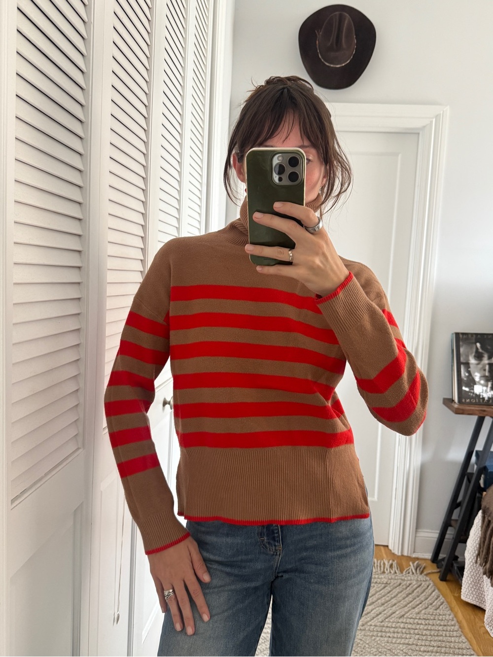 Tahari Camel and Red Striped Turtleneck Sweater